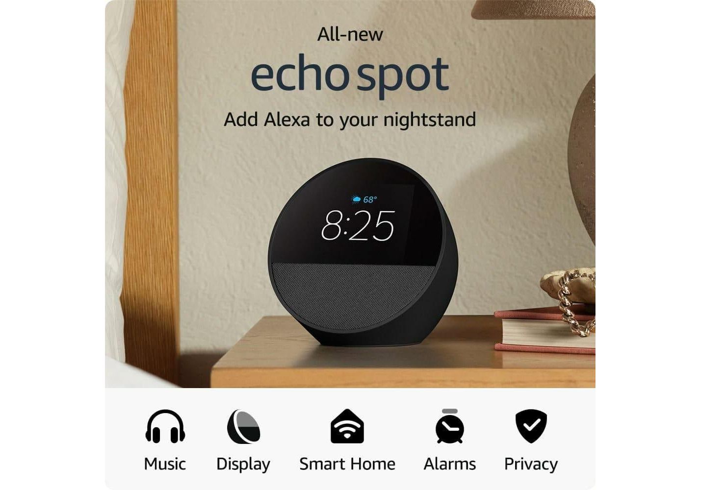 All-new Echo Spot (2024 release), Smart alarm clock with vibrant sound ...