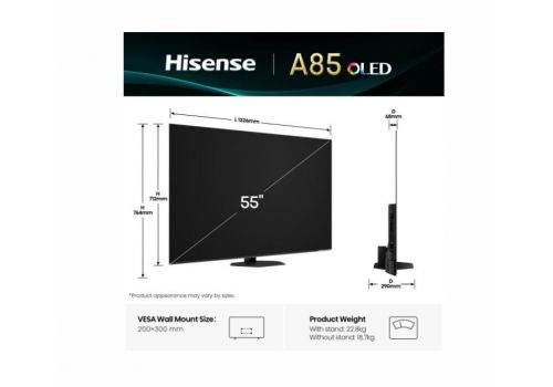 Hisense 55" A85Q, 4K UHD OLED Smart TV, 120Hz, 1000 nits,HDMI 2.1, Game Mode Pro, AMD FreeSync Premium, Dolby Vision IQ & Atmos, Bluetooth, Alexa Built-in, Black, image _ab__is.image_number.default