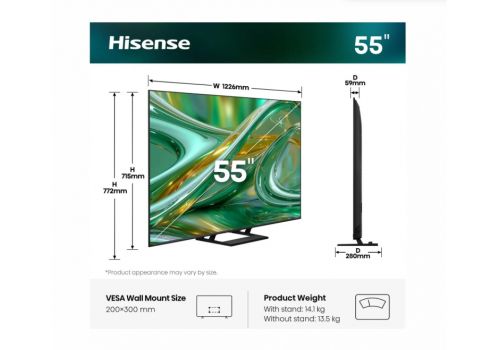Hisense 55" E8S, 4K Ultra HD 3840x2160, ULED, Quantum Dot,144 Hz,HDR 10+, HLG, Dolby Vision, DTS Virtual X, Smart TV, WiFi, Light Sensor, BT, Anyview Cast, 4xHDMI, 2xUSB, LAN, CI+, DVB-T2/C/S2, Singale Stand, Black, image , 2 image