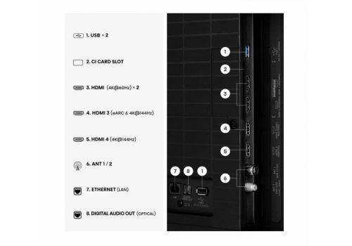 Hisense 55" E8S, 4K Ultra HD 3840x2160, ULED, Quantum Dot,144 Hz,HDR 10+, HLG, Dolby Vision, DTS Virtual X, Smart TV, WiFi, Light Sensor, BT, Anyview Cast, 4xHDMI, 2xUSB, LAN, CI+, DVB-T2/C/S2, Singale Stand, Black, image , 5 image