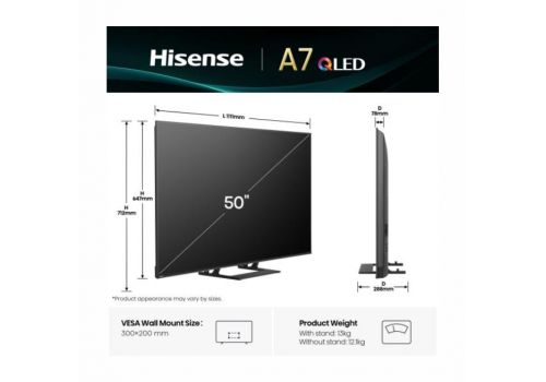 Hisense 50" A7Q, 4K Ultra HD 3840x2160, QLED, FALD, Quantum Dot, HDR 10+, HLG, Dolby Vision, Dolby Atmos, Smart TV, WiFi 5GHz, WiFi Direct, BT, Anyview Cast, 3xHDMI, 2xUSB, LAN, CI+, DVB-T2/C/S2, Black, image , 2 image