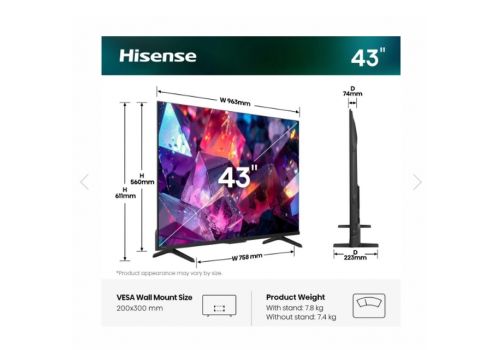 Hisense 43" E7S Pro, 4K Ultra HD 3840x2160, QLED, Quantum Dot, 144Hz, HDR 10+ adaptive, HLG, Dolby Vision, DTS Virtual X, Smart TV, WiFi 5GHz, WiFi Direct, BT, Anyview Cast, 3xHDMI, 2xUSB, LAN, CI+, DVB-T2/C/S2, Black, image , 2 image