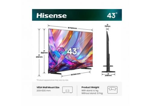 Hisense 43" E7S, 4K Ultra HD 3840x2160, QLED, Quantum Dot, HDR 10+, HLG, Dolby Vision, Light Sensor, Smart TV, WiFi 5GHz, WiFi Direct, BT, Anyview Cast, 3xHDMI, 2xUSB, LAN, CI+, DVB-T2/C/S2, Black, image _ab__is.image_number.default
