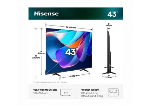 Hisense 43" A6S, 4K Ultra HD 3840x2160, DLED, DFA, Precision Colour, HDR 10+, HLG, Dolby Vision,Light sensor, Smart TV, WiFi, BT, AnyView Cast, Gaming Mode, 1xHDMI2 eArc, 3xHDMI, 2xUSB, LAN, CI+, DVB-T2/C/S2, Black, image _ab__is.image_number.default