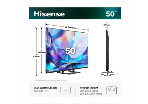Hisense 50" A7S, 4K Ultra HD 3840x2160, QLED, FALD, Quantum Dot, HDR 10+, HLG, Dolby Vision, Dolby Atmos, Smart TV, WiFi 5GHz, WiFi Direct, BT, Anyview Cast, 3xHDMI, 2xUSB, LAN, CI+, DVB-T2/C/S2, Black, image , 2 image