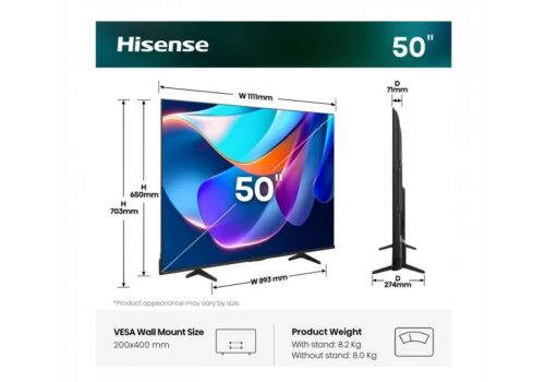 Hisense 50" A6S, 4K Ultra HD 3840x2160, DLED, DFA, Precision Colour, HDR 10+, HLG, Dolby Vision,Light sensor, Smart TV, WiFi, BT, AnyView Cast, Gaming Mode, 1xHDMI2 eArc, 3xHDMI, 2xUSB, LAN, CI+, DVB-T2/C/S2, Black, image , 2 image