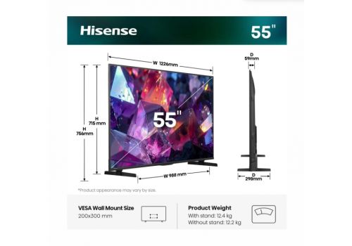 Hisense 55" E7S Pro, 4K Ultra HD 3840x2160, QLED, Quantum Dot, 144Hz, HDR 10+ adaptive, HLG, Dolby Vision, DTS Virtual X, Smart TV, WiFi 5GHz, WiFi Direct, BT, Anyview Cast, 3xHDMI, 2xUSB, LAN, CI+, DVB-T2/C/S2, Black, image _ab__is.image_number.default