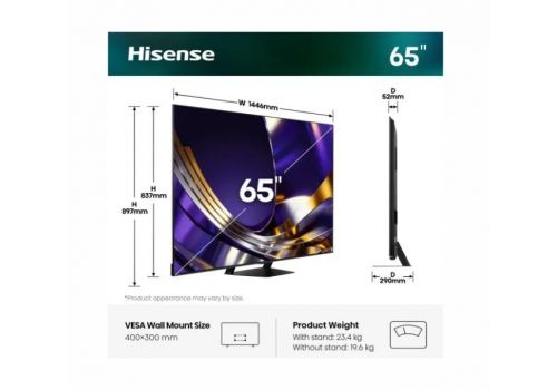 Hisense 65"U7S Pro, 4K Ultra HD 3840x2160, ULED, FALD, Quantum Dot, 165Hz, IPS, HDR 10+, HLG, Dolby Vision IQ, Dolby Atmos, Smart TV, WiFi 5GHz, WiFi Direct, BT, Anyview Cast,light sensor,Solar Powered Remote, 4xHDMI, 2xUSB, LAN, CI+, DVB-T2/C/S2, Black, image _ab__is.image_number.default
