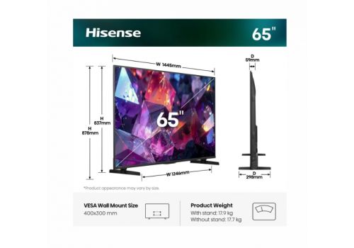 Hisense 65" E7S Pro, 4K Ultra HD 3840x2160, QLED, Quantum Dot, 144Hz, HDR 10+ adaptive, HLG, Dolby Vision, DTS Virtual X, Smart TV, WiFi 5GHz, WiFi Direct, BT, Anyview Cast, 4xHDMI, 2xUSB, LAN, CI+, DVB-T2/C/S2, Black, image _ab__is.image_number.default