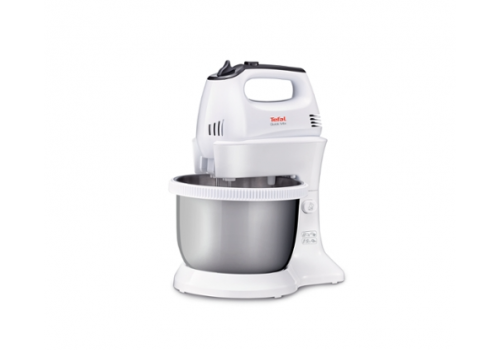 Tefal HT312138, Quick mix Hand Mixer with bowl, 300 W, 5 Speeds + turbo, 2 Beaters, 2 Dough hooks, automatic rotating bowl, white & inox standbowl, image 