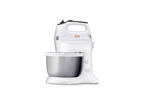 Tefal HT312138, Quick mix Hand Mixer with bowl, 300 W, 5 Speeds + turbo, 2 Beaters, 2 Dough hooks, automatic rotating bowl, white & inox standbowl, image _ab__is.image_number.default