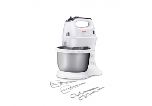Tefal HT312138, Quick mix Hand Mixer with bowl, 300 W, 5 Speeds + turbo, 2 Beaters, 2 Dough hooks, automatic rotating bowl, white & inox standbowl, image _ab__is.image_number.default