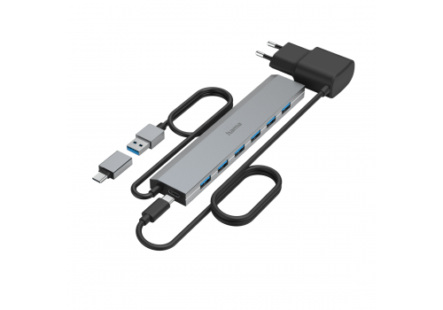 HAMA USB Hub, 7 Ports, USB 3.2 Gen 1, 5 Gbit/s, incl. USB-C Adapter and PSU, image _ab__is.image_number.default