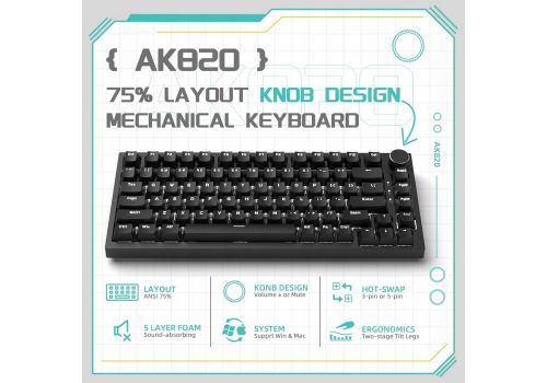 Ajazz Gaming Mechanical Keyboard AK820 - Red Switches [Linear] (English US), Black, White Backlight, image _ab__is.image_number.default
